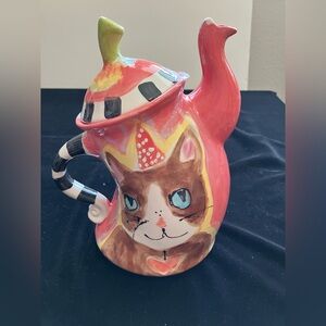 Hand painted Whimsical Ceramic Tea Pot Cat Design Salsa Color 9”